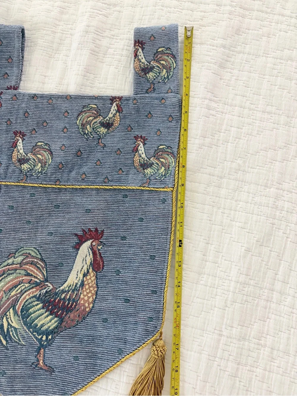 Vintage Rooster Print Window Valance in Denim Blue with Gold Tassels
